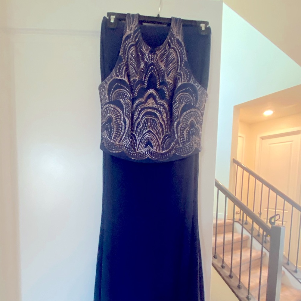 Two piece with mid thigh split dress. Navy with rose gold accent top